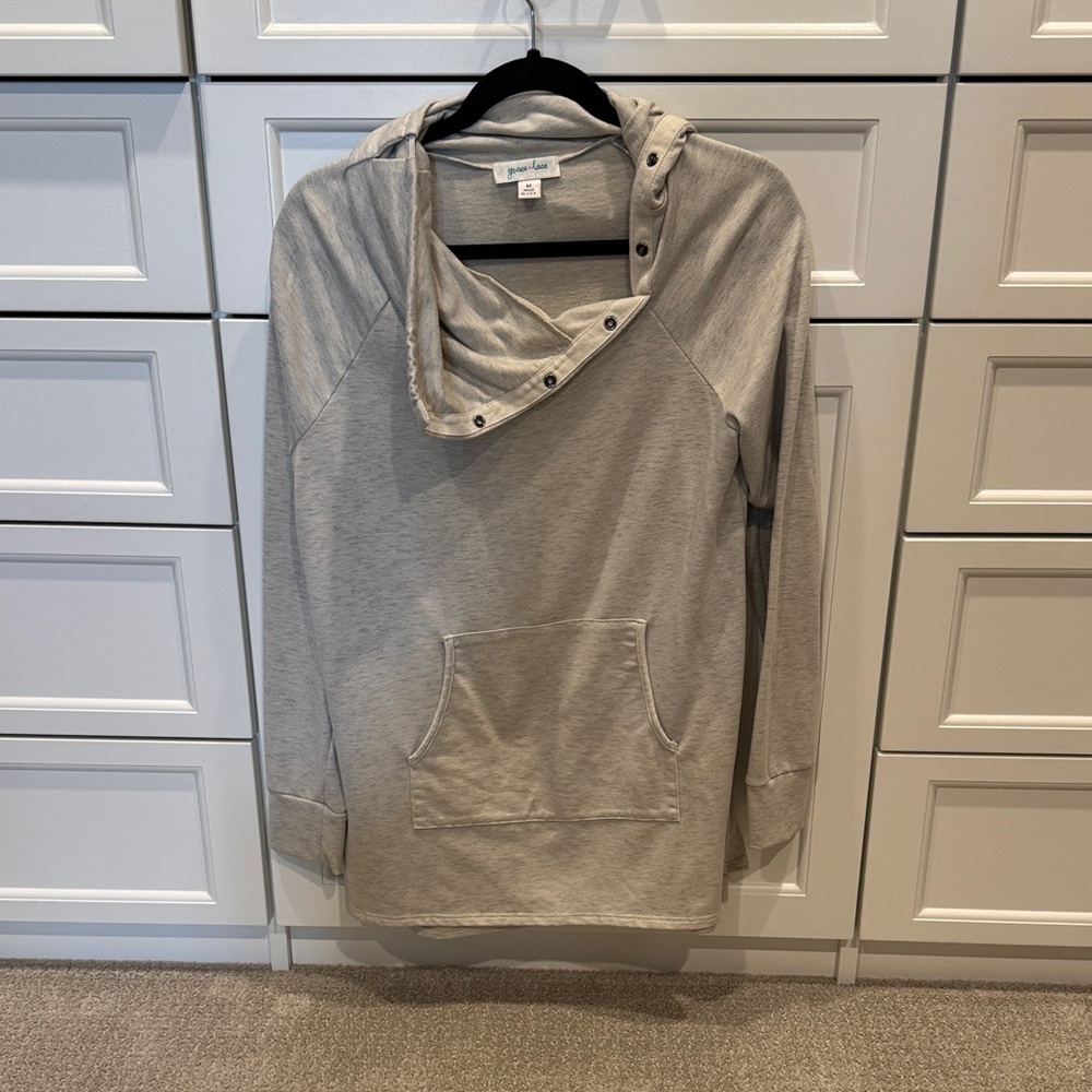 Grace & Lace Cream Hooded Sweatshirt with Button Accents
